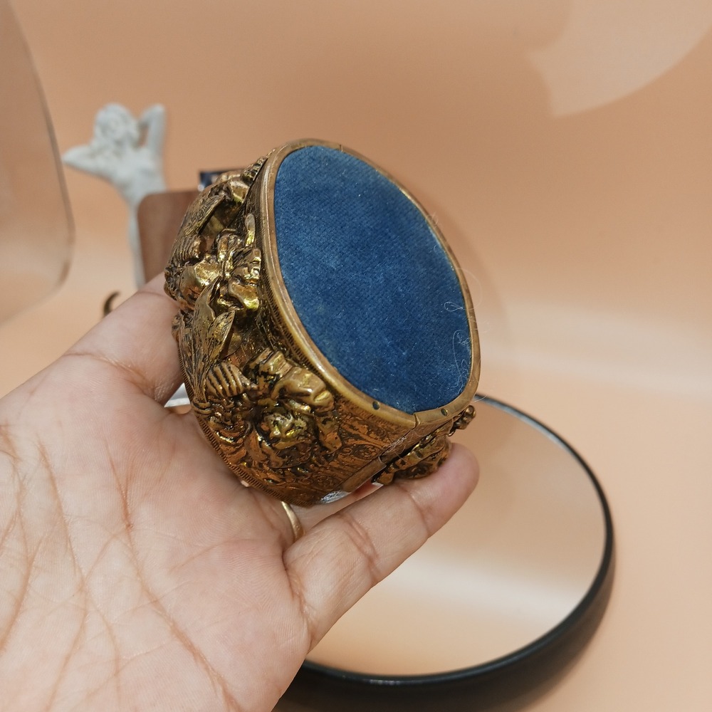 Vintage Ornate Gold Tone Floral Embossed Pin Cushion Blue Velvet Sewing Decor